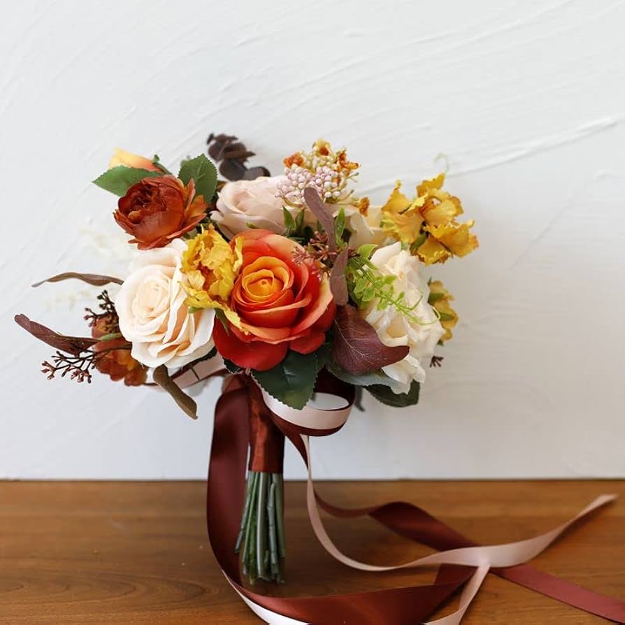 Amazon｜オレンジ色のバラと秋の黄色のミックス自然の花の花束